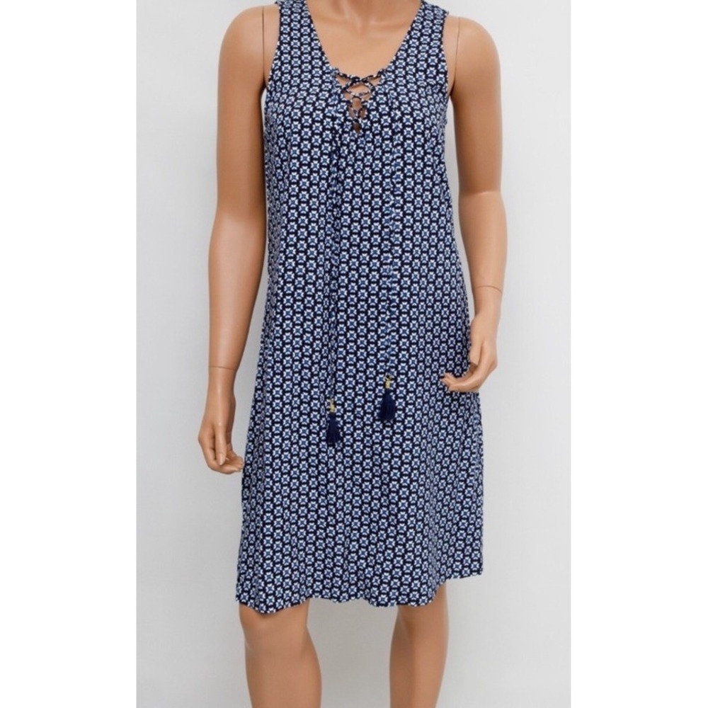 Tommy Bahama Blue Print Rayon Sundress XS Strappy Lace Up Neck Tassel Midi